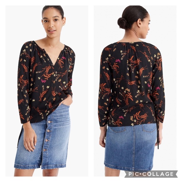 J. Crew Tops - EUC Point Sur Drapey Black Floral Open V neck Top